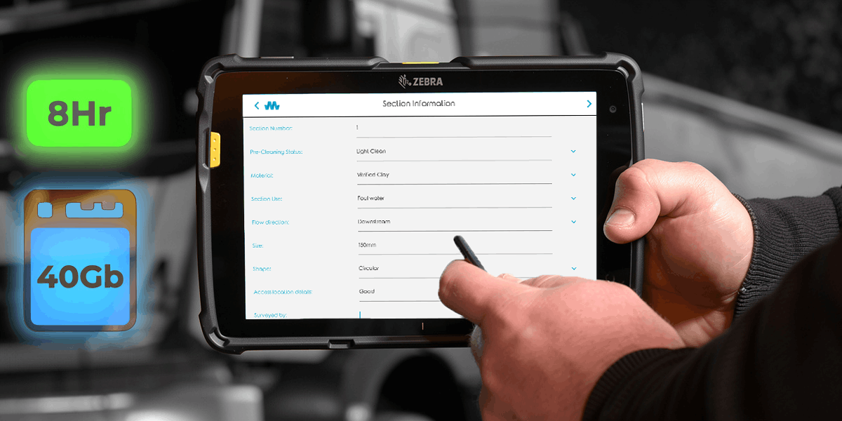 Drainage engineer using a Zebra tablet with Scanprobe inspection software, highlighting 8 hour battery life and 40GB storage.